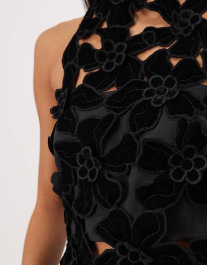 Embroidered velvet quilted cut work halterneck high neck top in black