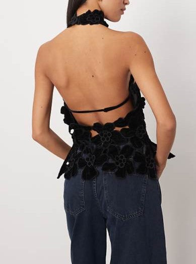 Embroidered velvet quilted cut work halterneck high neck top in black