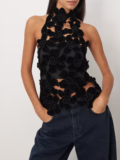 Embroidered velvet quilted cut work halterneck high neck top in black