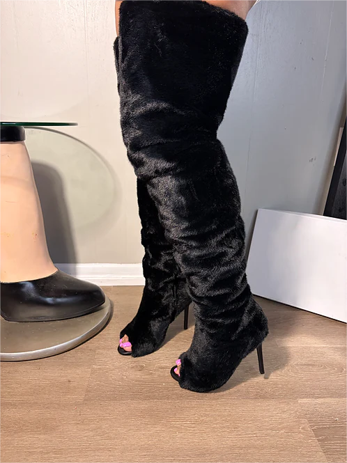 New open-toe over-the-knee plush high-heeled boots