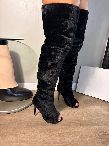 New open-toe over-the-knee plush high-heeled boots