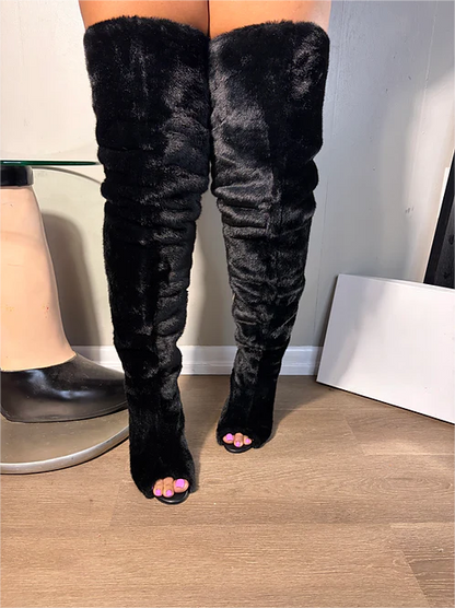 New open-toe over-the-knee plush high-heeled boots