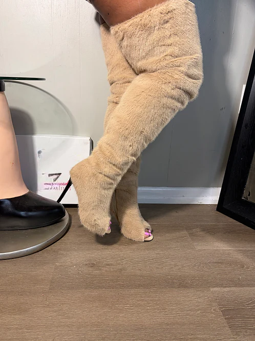 New open-toe over-the-knee plush high-heeled boots