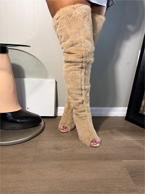 New open-toe over-the-knee plush high-heeled boots