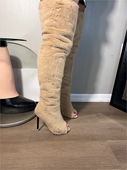 New open-toe over-the-knee plush high-heeled boots
