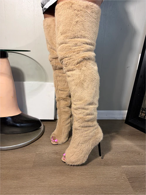 New open-toe over-the-knee plush high-heeled boots