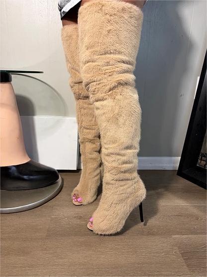 New open-toe over-the-knee plush high-heeled boots