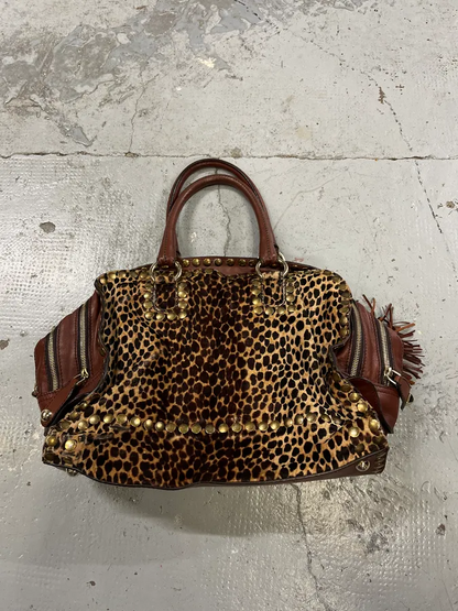 Rivet-Detailed Large-Capacity Leopard-Print Zipper Bag