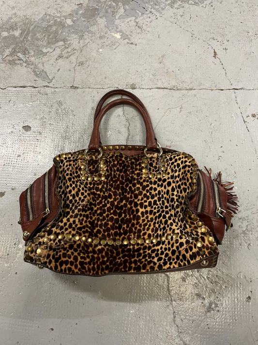 Rivet-Detailed Large-Capacity Leopard-Print Zipper Bag