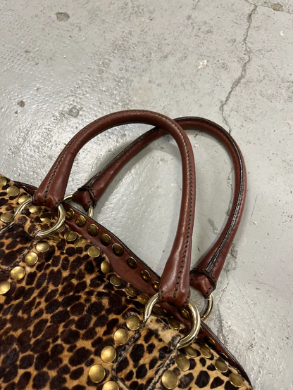 Rivet-Detailed Large-Capacity Leopard-Print Zipper Bag