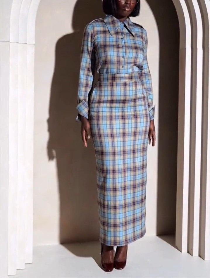 Multi-color plaid maxi skirt & shirt set