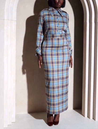 Multi-color plaid maxi skirt & shirt set