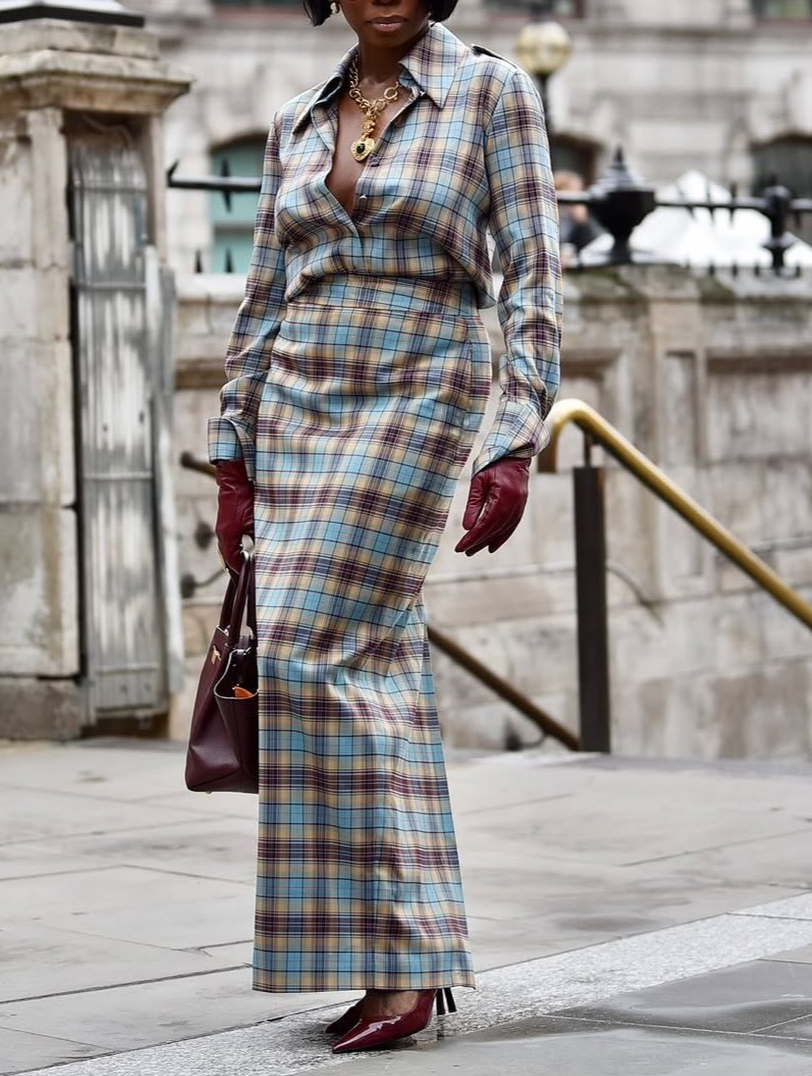 Multi-color plaid maxi skirt & shirt set
