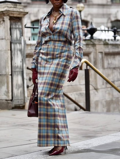 Multi-color plaid maxi skirt & shirt set
