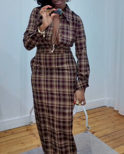 Multi-color plaid maxi skirt & shirt set