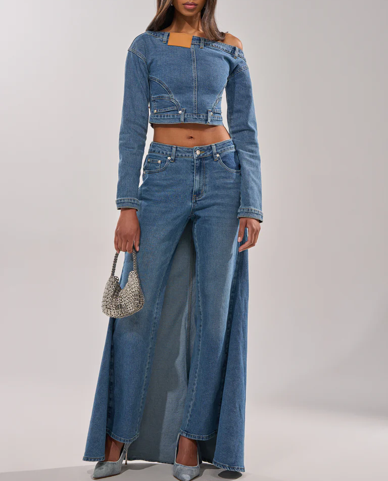 Denim Off-The-Shoulder Top+Jeans-And-Skirt Combo