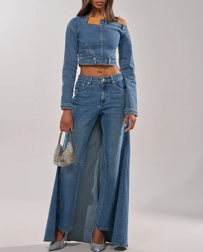 Denim Off-The-Shoulder Top+Jeans-And-Skirt Combo