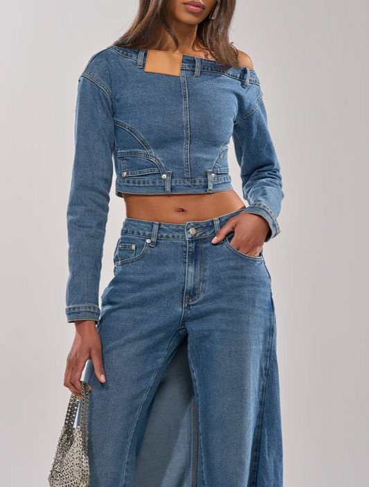 Denim Off-The-Shoulder Top+Jeans-And-Skirt Combo