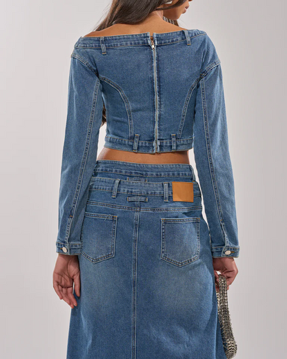 Denim Off-The-Shoulder Top+Patchwork Casual Jeans