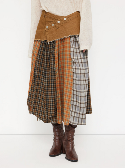 Denim Patchwork Plaid Split Skirt