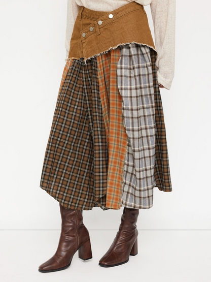 Denim Patchwork Plaid Split Skirt