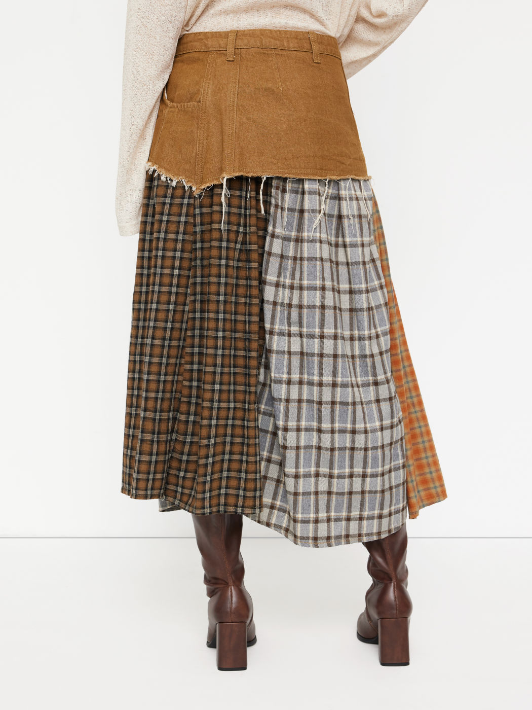 Denim Patchwork Plaid Split Skirt