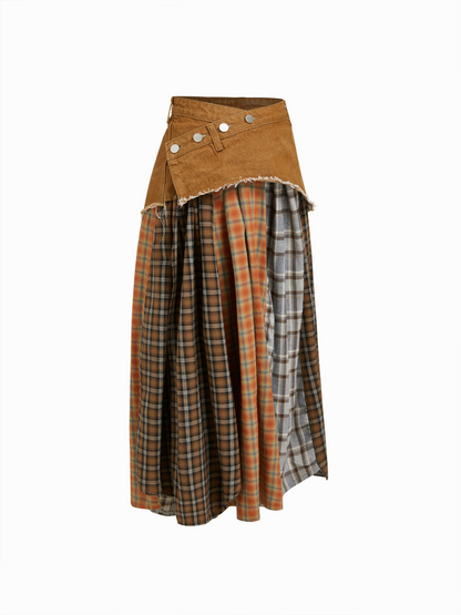 Denim Patchwork Plaid Split Skirt