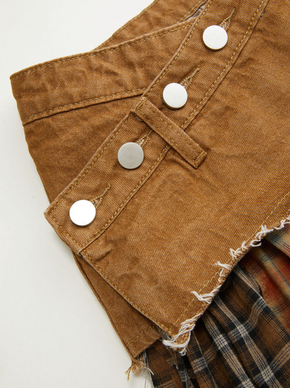 Denim Patchwork Plaid Split Skirt
