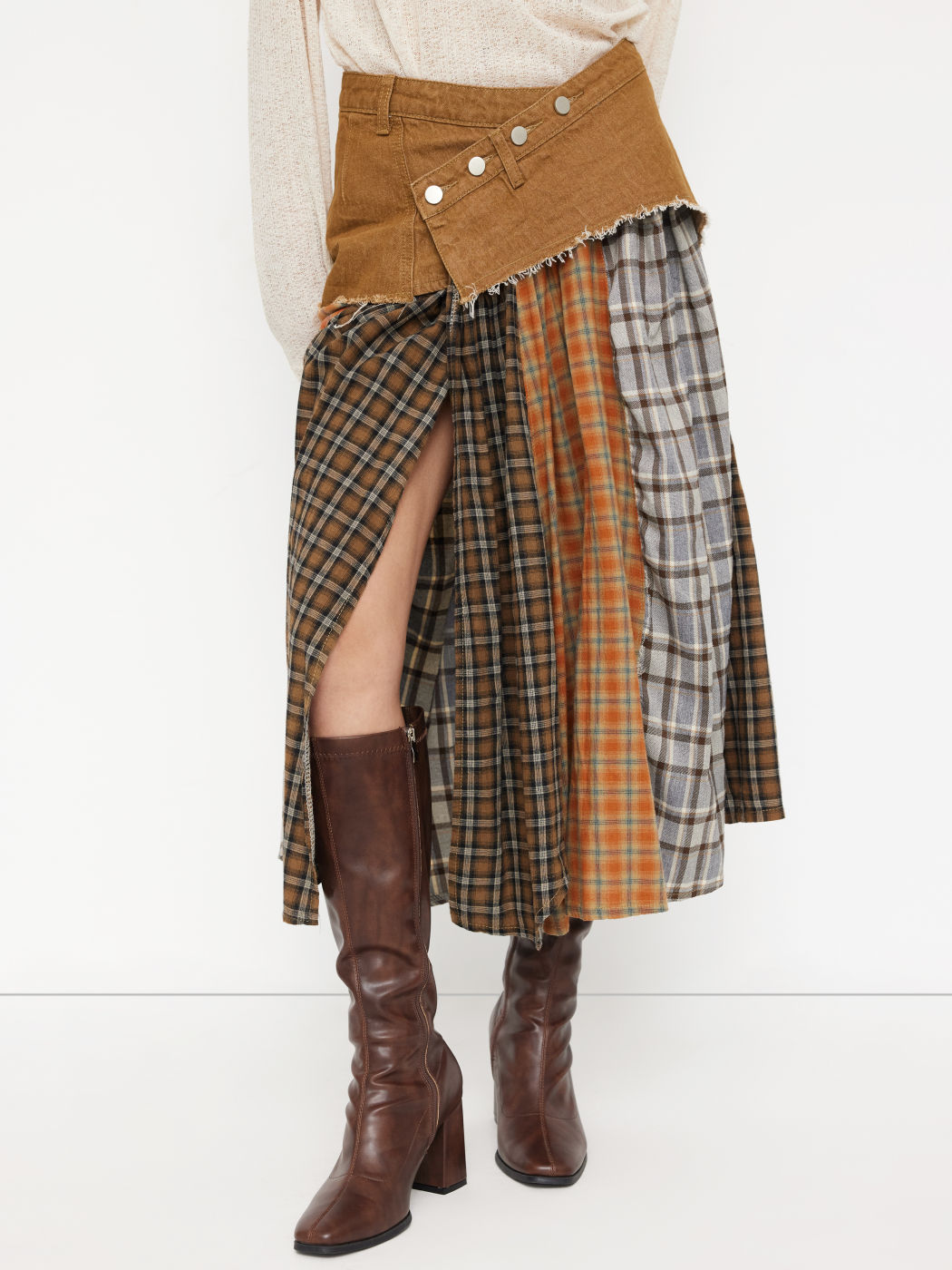 Denim Patchwork Plaid Split Skirt