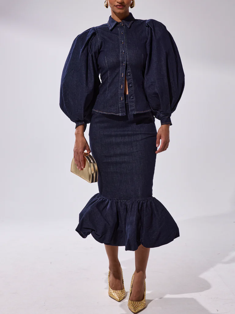 Puff-sleeve denim top + ruffled denim skirt
