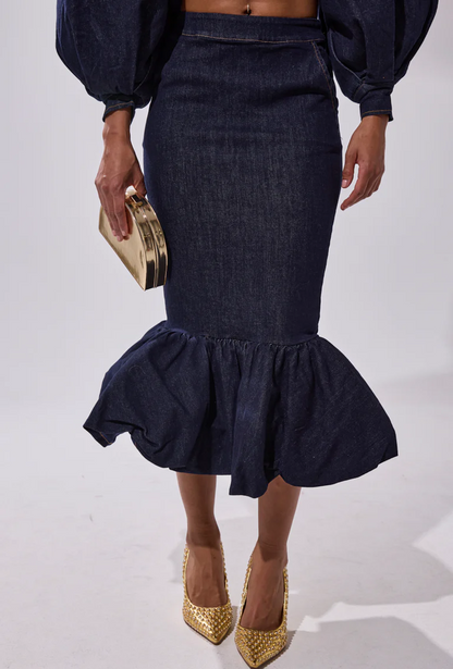 Puff-sleeve denim top + ruffled denim skirt