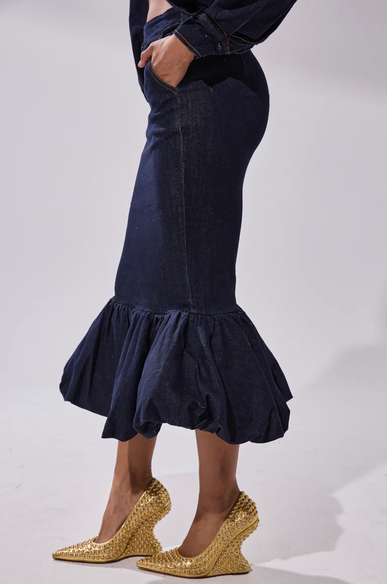 Puff-sleeve denim top + ruffled denim skirt