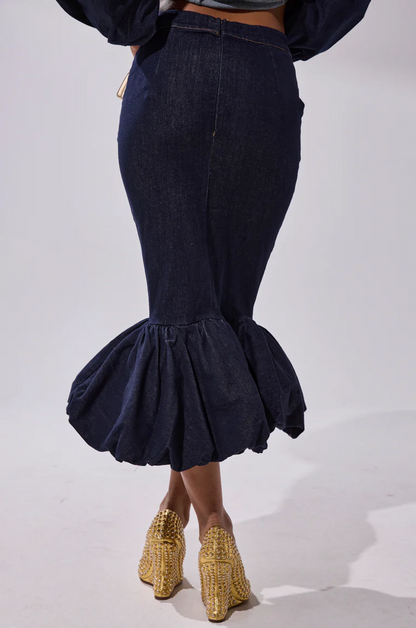 Puff-sleeve denim top + ruffled denim skirt