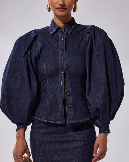 Puff-sleeve denim top + ruffled denim skirt