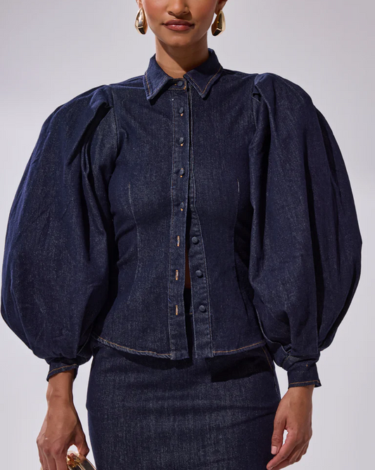 Puff-sleeve denim top + ruffled denim skirt