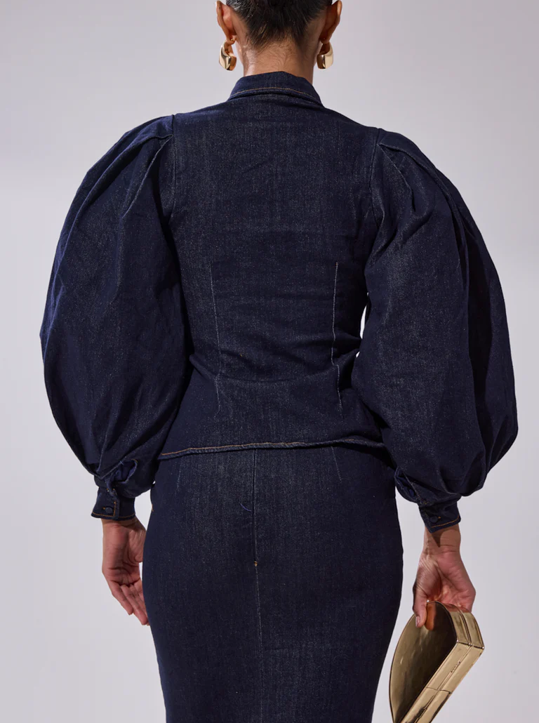 Puff-sleeve denim top + ruffled denim skirt