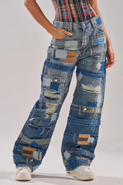 Denim Off-The-Shoulder Top+Patchwork Casual Jeans