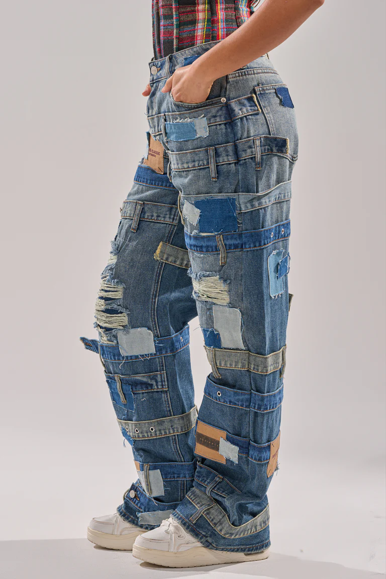 Denim Off-The-Shoulder Top+Patchwork Casual Jeans