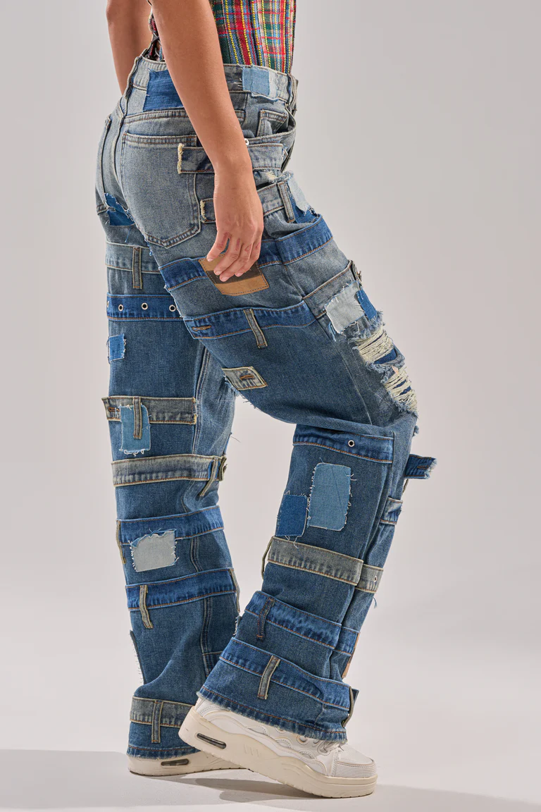 Denim Off-The-Shoulder Top+Patchwork Casual Jeans