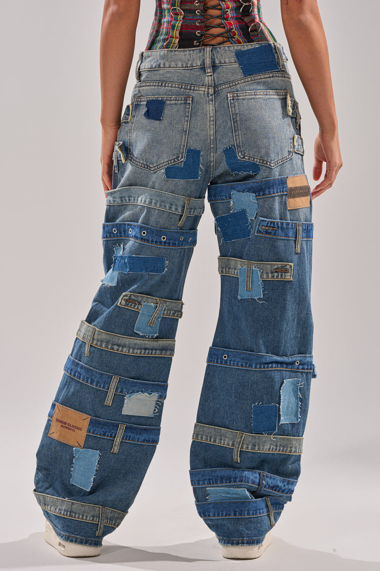 Denim Off-The-Shoulder Top+Patchwork Casual Jeans