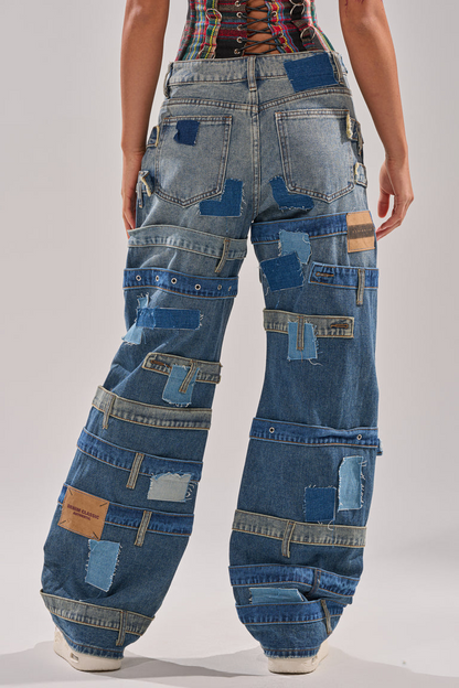 Denim Off-The-Shoulder Top+Patchwork Casual Jeans