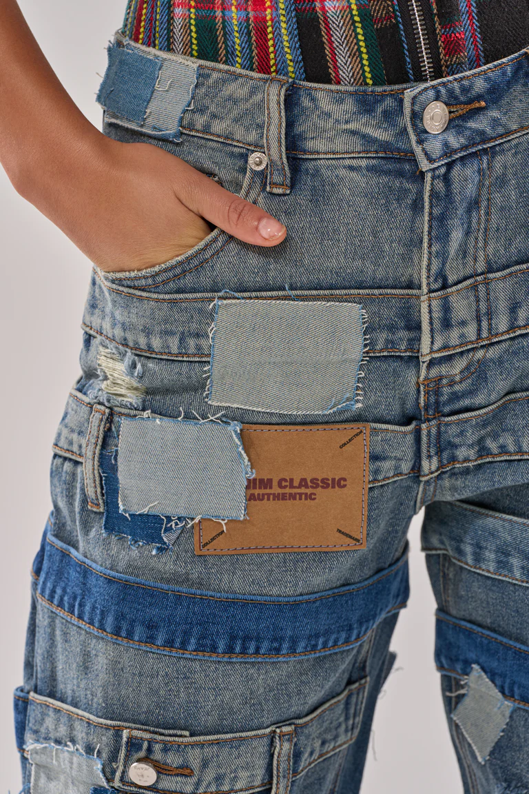Denim Off-The-Shoulder Top+Patchwork Casual Jeans
