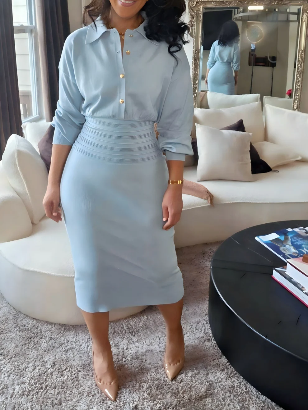 Cinched Waist Knit Shirt Dress