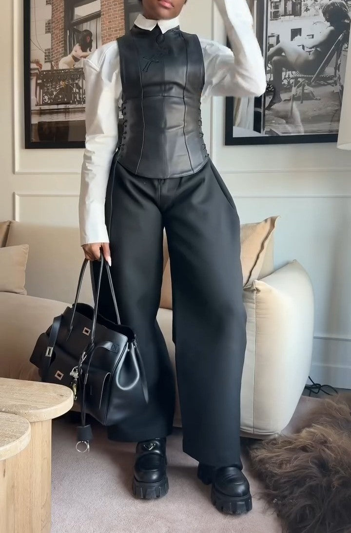 Leather bodice+Denim Corset Overalls