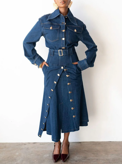 Gold Button Oversized Collar Long Sleeve Denim Set