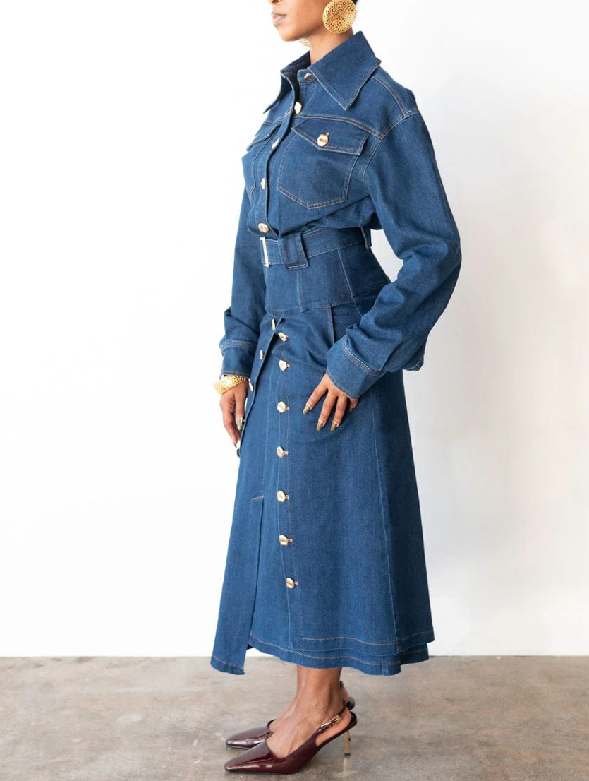 Gold Button Oversized Collar Long Sleeve Denim Set