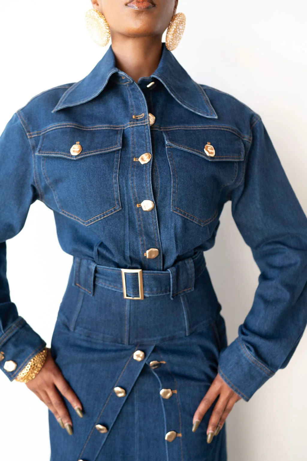 Gold Button Oversized Collar Long Sleeve Denim Set