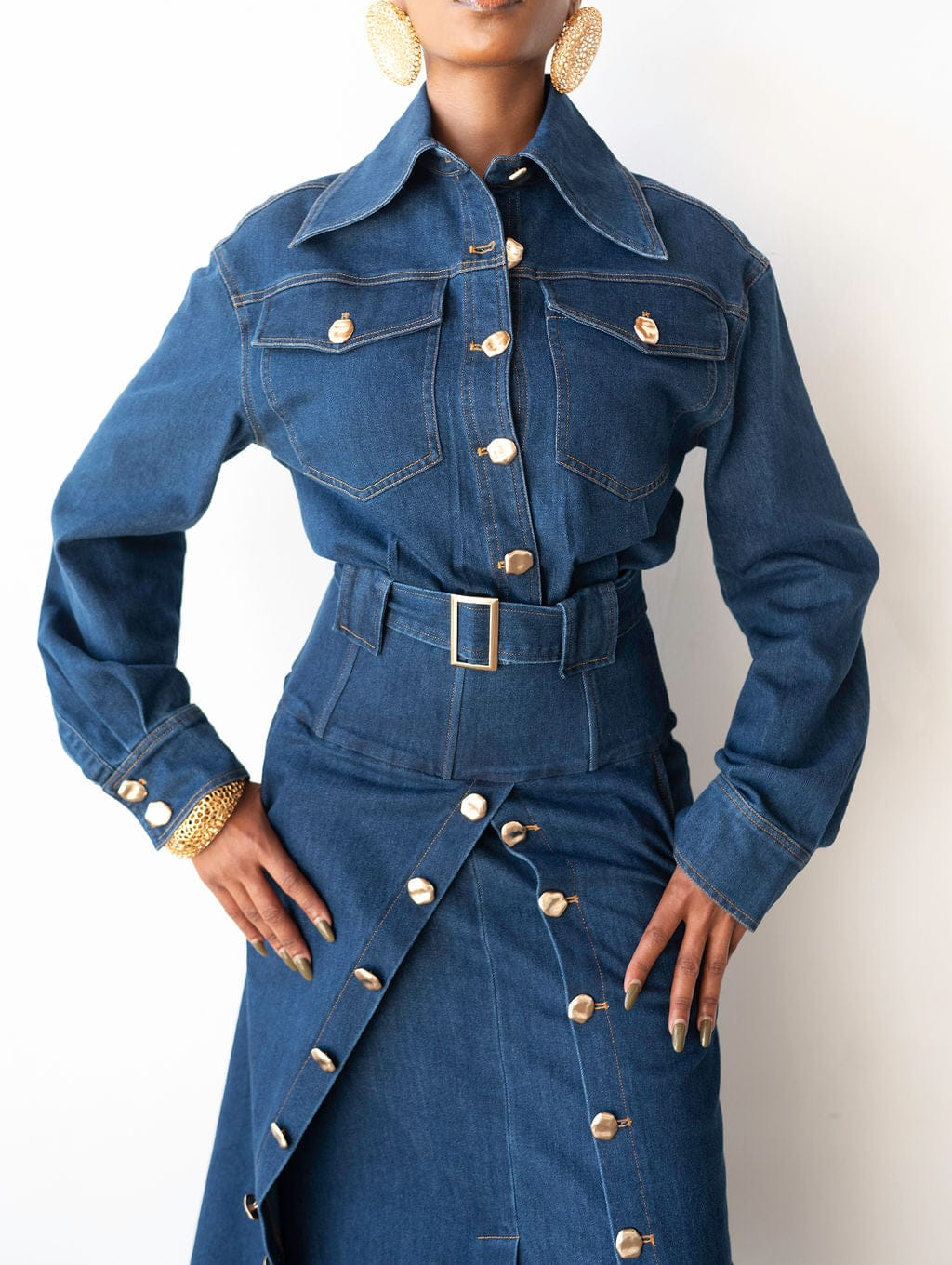 Gold Button Oversized Collar Long Sleeve Denim Set