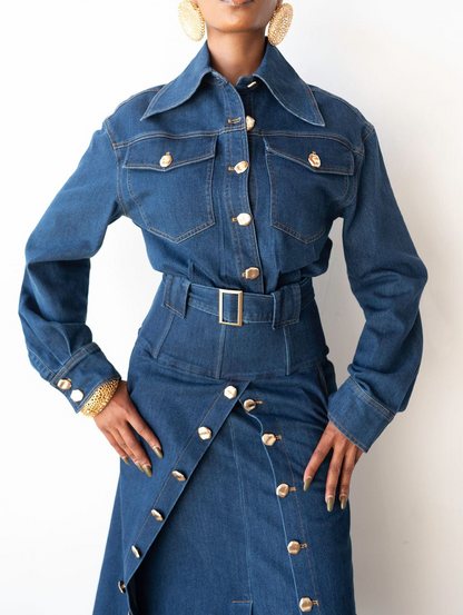Gold Button Oversized Collar Long Sleeve Denim Set