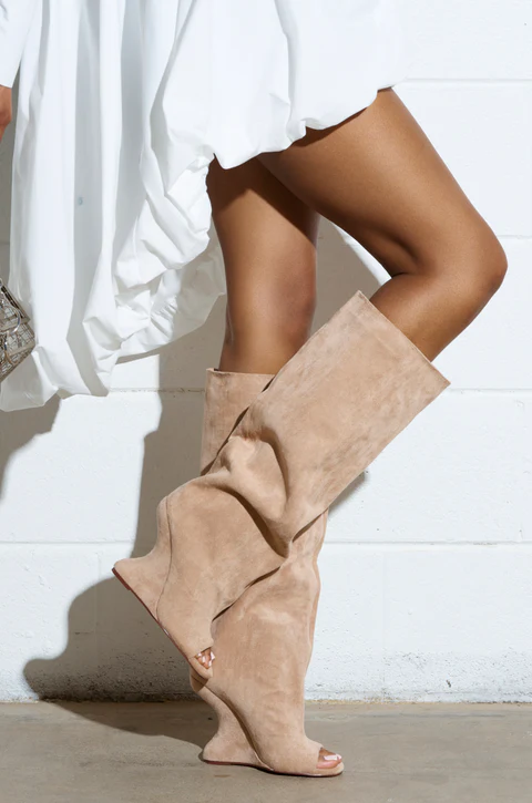 Nude faux suede open-toe boots
